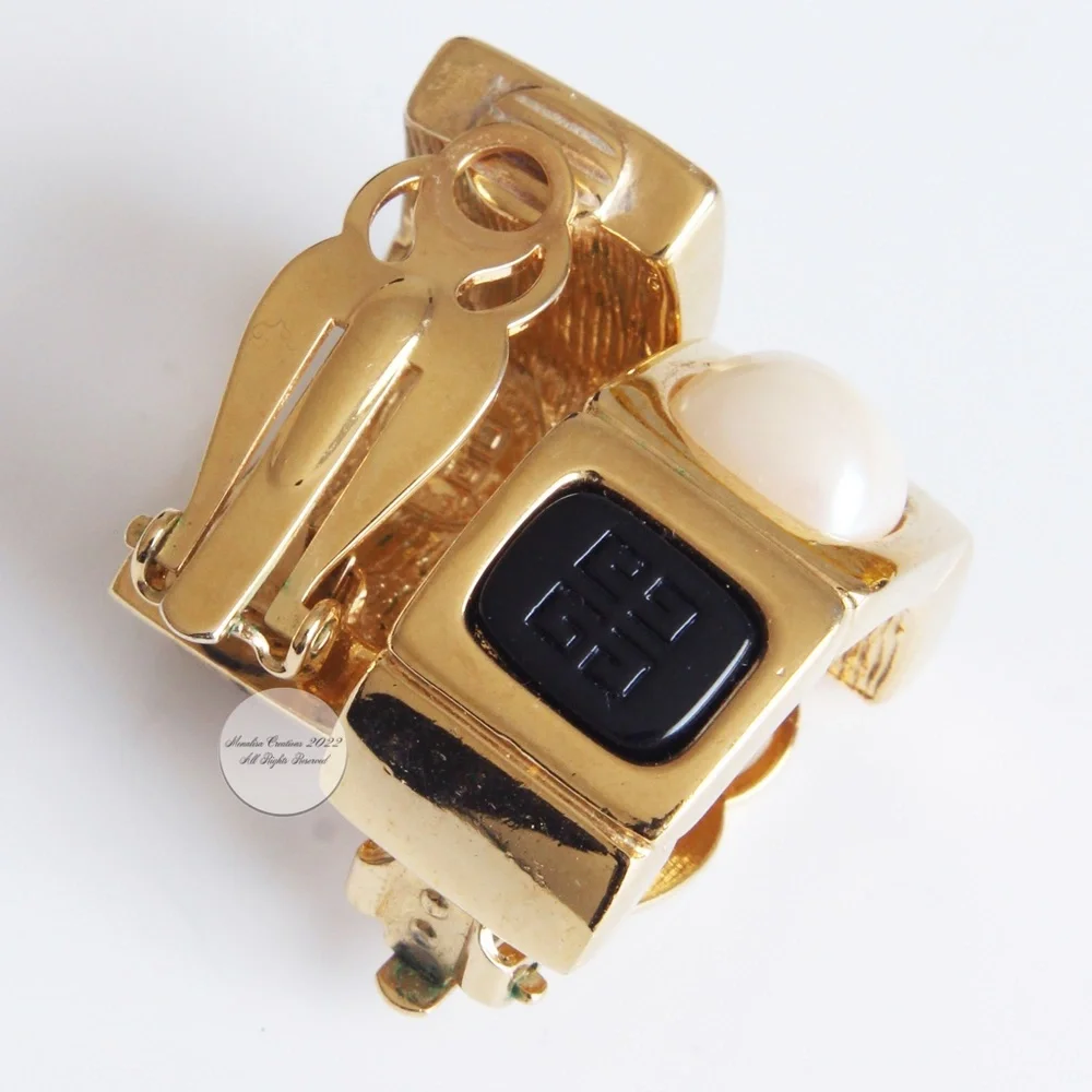 Givenchy Earrings Embossed Logo Stone Faux Pearl Gold Metal Clip Style Vintage - Picture 10 of 12